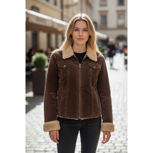 Arizonia Sherpa Lined Corduroy 4 Pocket Zip Up Cropped Brown Jacket Size Large